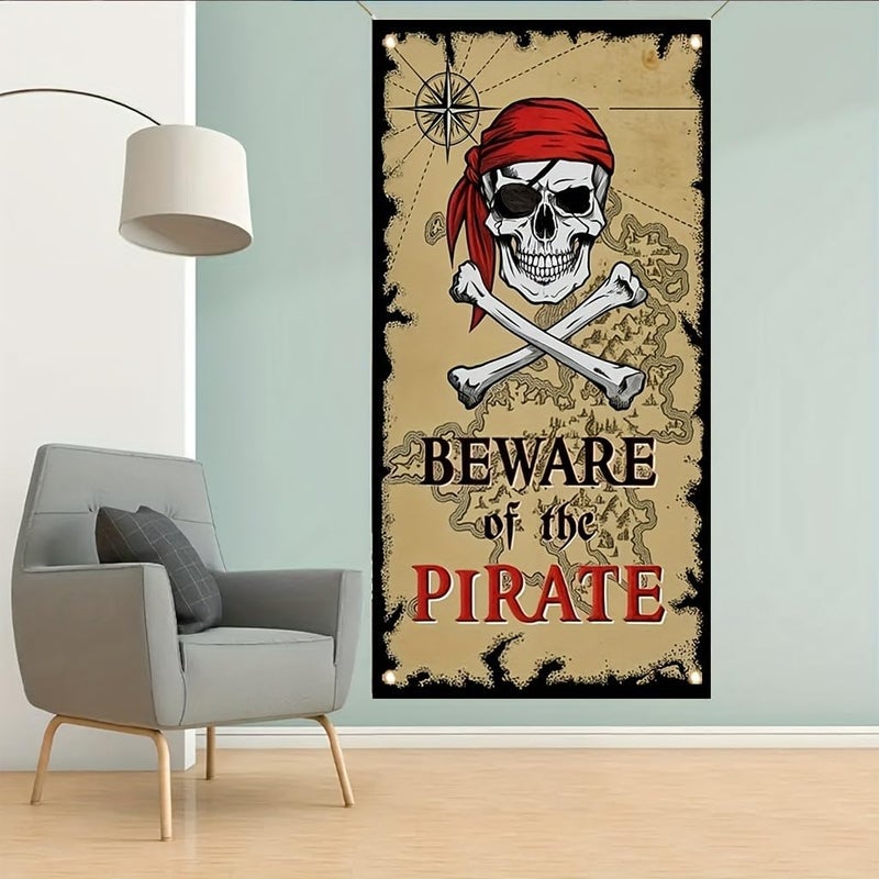 TOMHONG Pirate Door Cover Banner Beware of the Pirate 71x35 Inch Party Door Sign for Front Door Skull Map Design Door Cover for Halloween Theme Party Outdoor Decor - Image 5